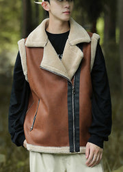 Casual Brown Zippered Warm Fleece Faux Suede Men Vests Spring