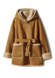 Casual Camel Patchwork Sashes Warm Fleece Wooled Blended Hooded Coat Winter