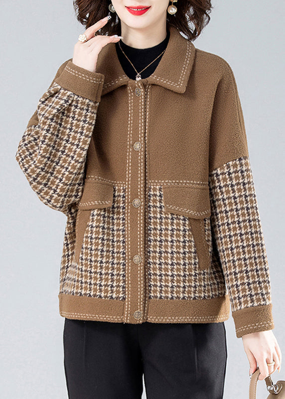 Casual Camel Peter Pan Collar Print Patchwork Coats Long Sleeve