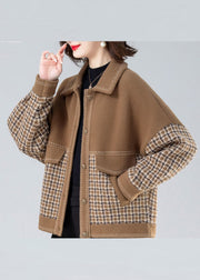 Casual Camel Peter Pan Collar Print Patchwork Coats Long Sleeve