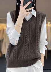 Casual Camel V Neck Thick Cable Wool Knit Waistcoat Fall