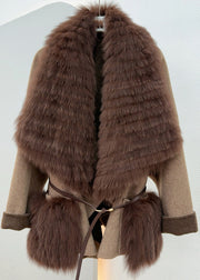 Casual Caramel Fox Collar Tie Waist Woolen Coats Winter