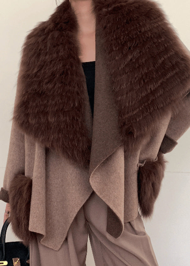 Casual Caramel Fox Collar Tie Waist Woolen Coats Spring