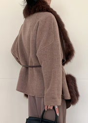 Casual Caramel Fox Collar Tie Waist Woolen Coats Spring