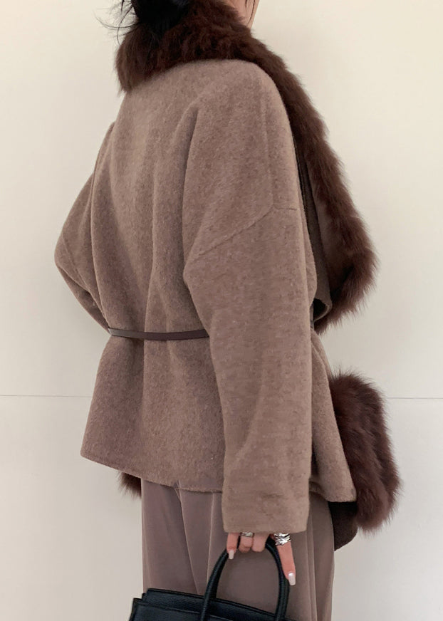 Casual Caramel Fox Collar Tie Waist Woolen Coats Winter