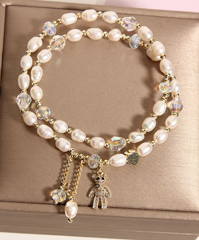 Casual Champagne Alloy Inlaid Pearl Gem Stone Little Bear Charm Bracelet