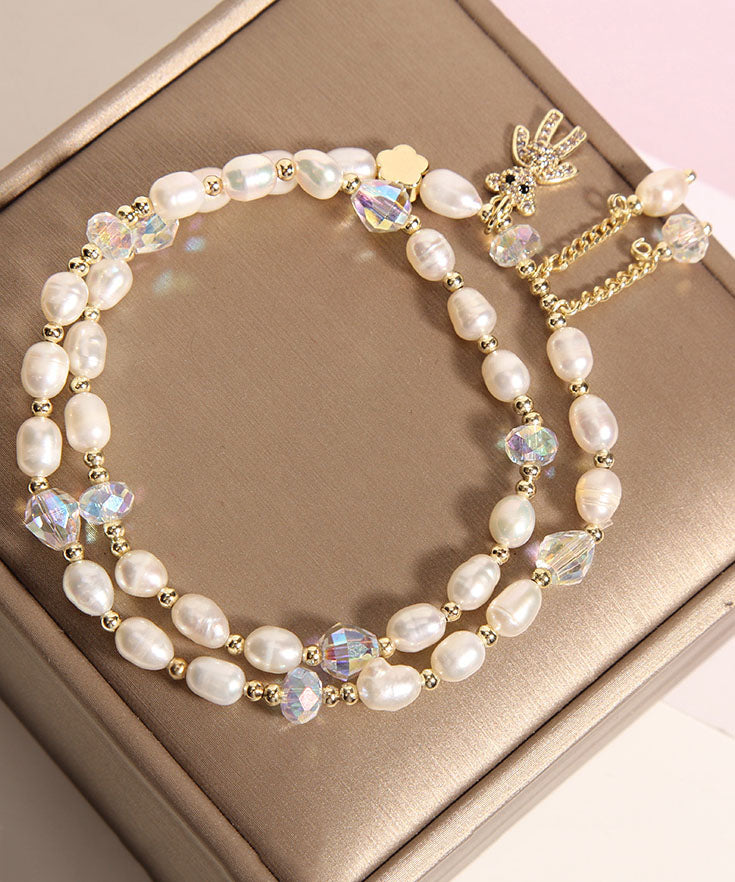 Casual Champagne Alloy Inlaid Pearl Gem Stone Little Bear Charm Bracelet