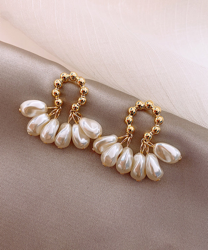 Casual Champagne Alloy Pearl Hoop Earrings