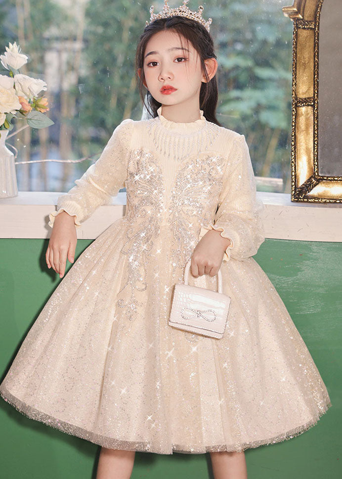 Casual Champagne Stand Collar Nail Bead Tulle Kids Long Dress Fall