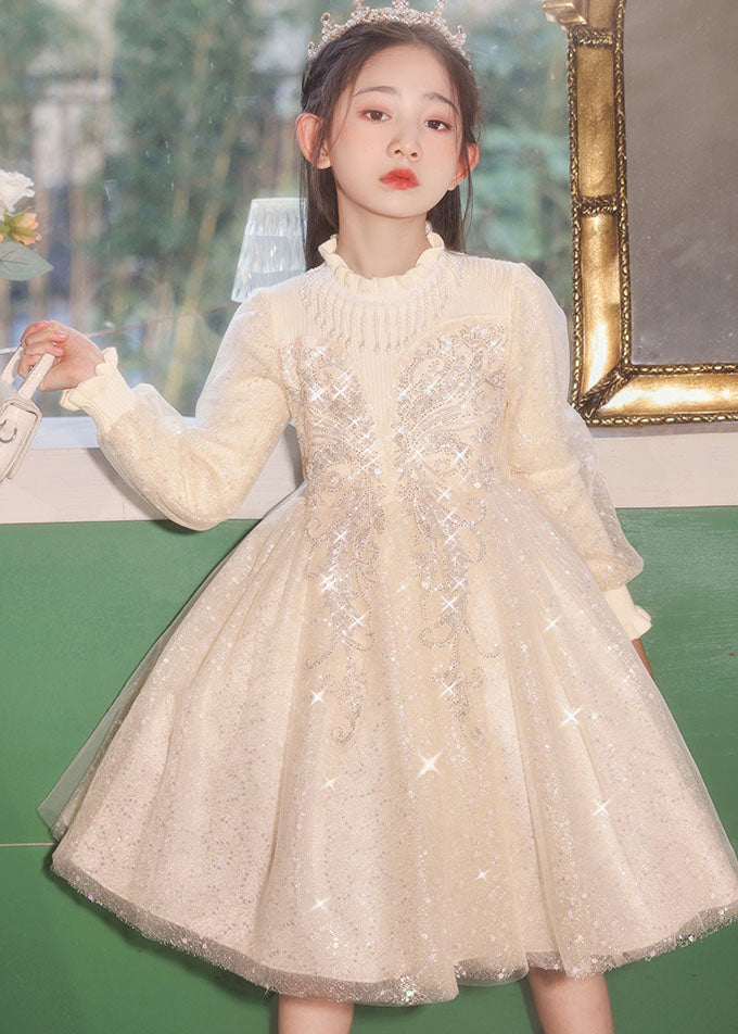 Casual Champagne Stand Collar Nail Bead Tulle Kids Long Dress Fall