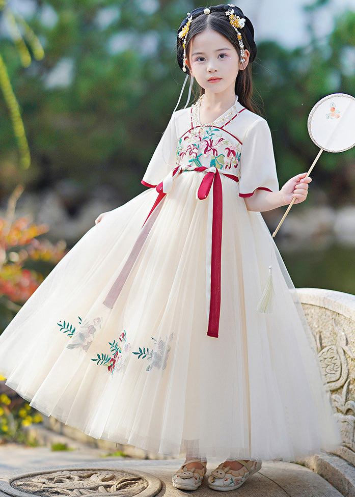 Casual Champagne V Neck Embroideried Patchwork Tie Waist Tulle Girls Long Dresses Summer