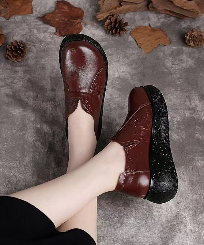 Casual Chocolate Cowhide Leather Embossed High Wedge Heels Shoes