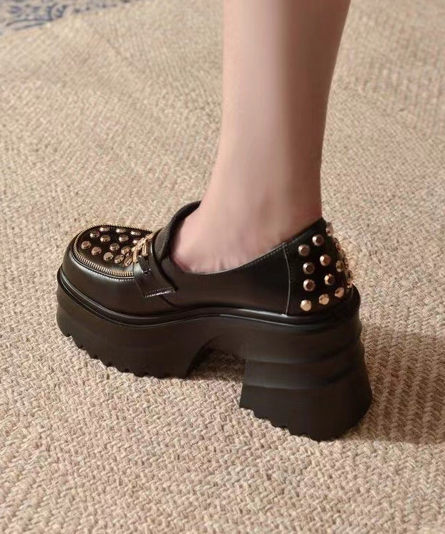 Casual Chunky Platform Heels Black Cowhide Leather Rivet