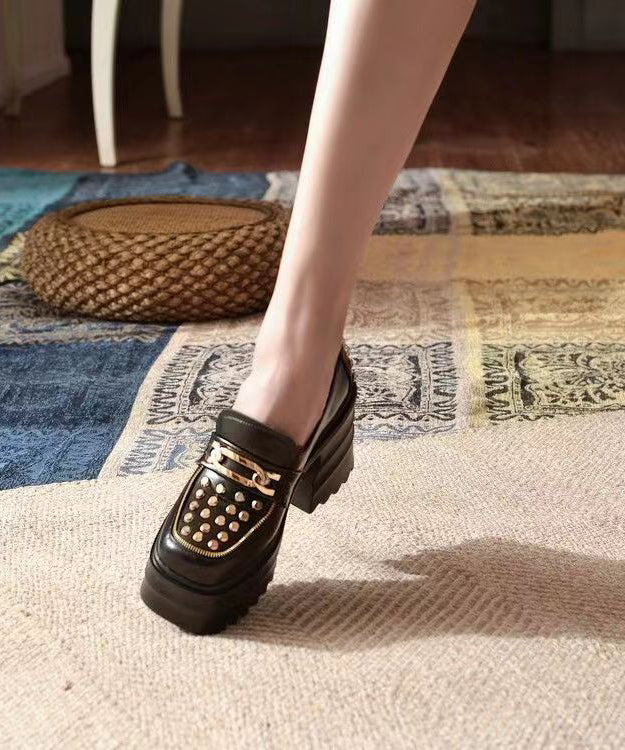 Casual Chunky Platform Heels Black Cowhide Leather Rivet