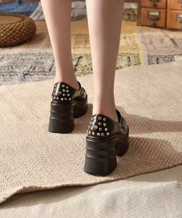 Casual Chunky Platform Heels Black Cowhide Leather Rivet