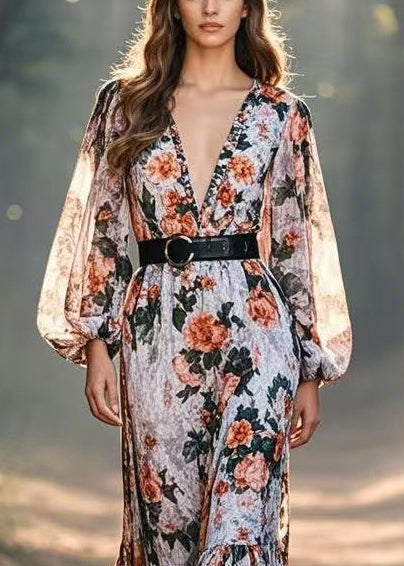 Casual Cinched Floral Print Cotton Long Dresses Spring