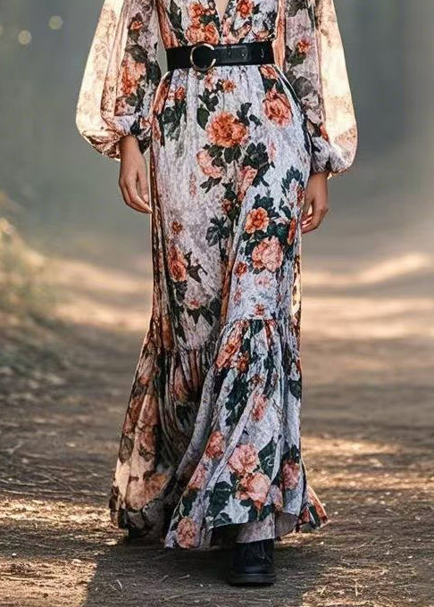 Casual Cinched Floral Print Cotton Long Dresses Spring