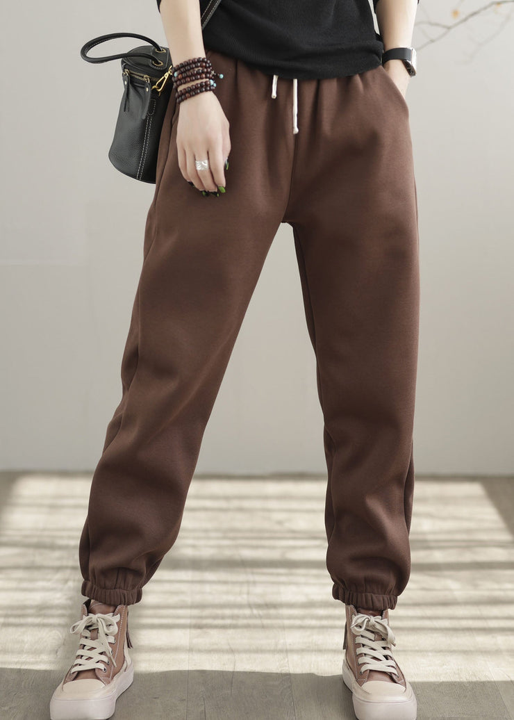 Casual Chocolate Elastic Waist Oversized Warm Fleece Pants Winter