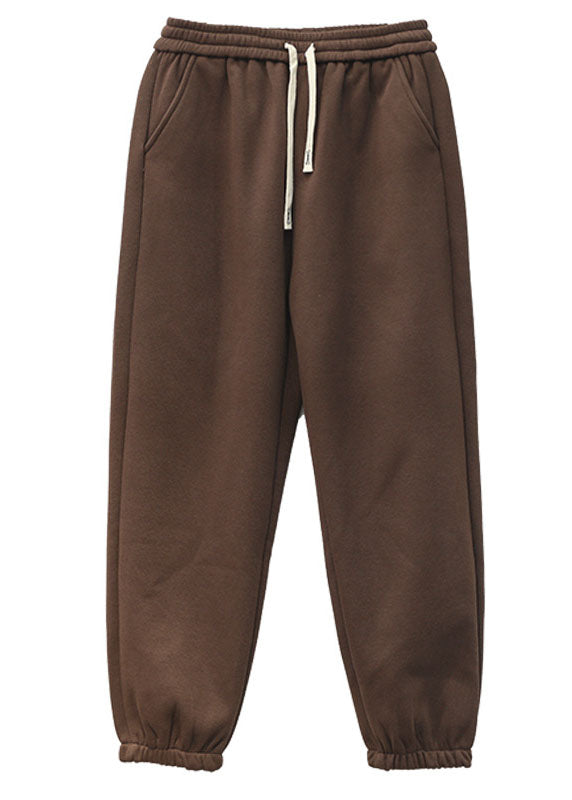 Casual Chocolate Elastic Waist Oversized Warm Fleece Pants Winter