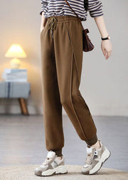 Casual Coffee Elastic Waist Patchwork Drawstring Warm Fleece Pants Trousers Spring