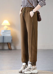 Casual Coffee Elastic Waist Patchwork Drawstring Warm Fleece Pants Trousers Spring