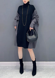 Casual Coffee Hign Neck Patchwork Cotton Mid Dress Batwing Sleeve