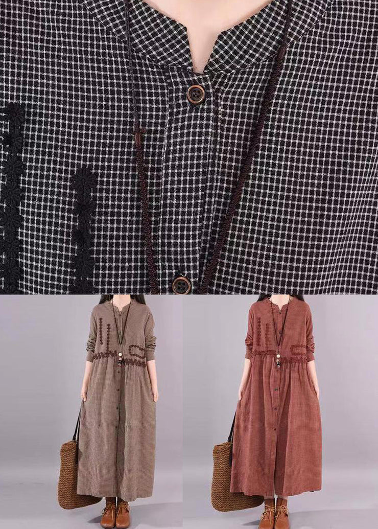 Casual Coffee O Neck Plaid Patchwork Cotton Long Dress Fall