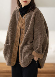 Casual Coffee O-Neck Pockets Button Warm Faux Fur Coats Long Sleeve