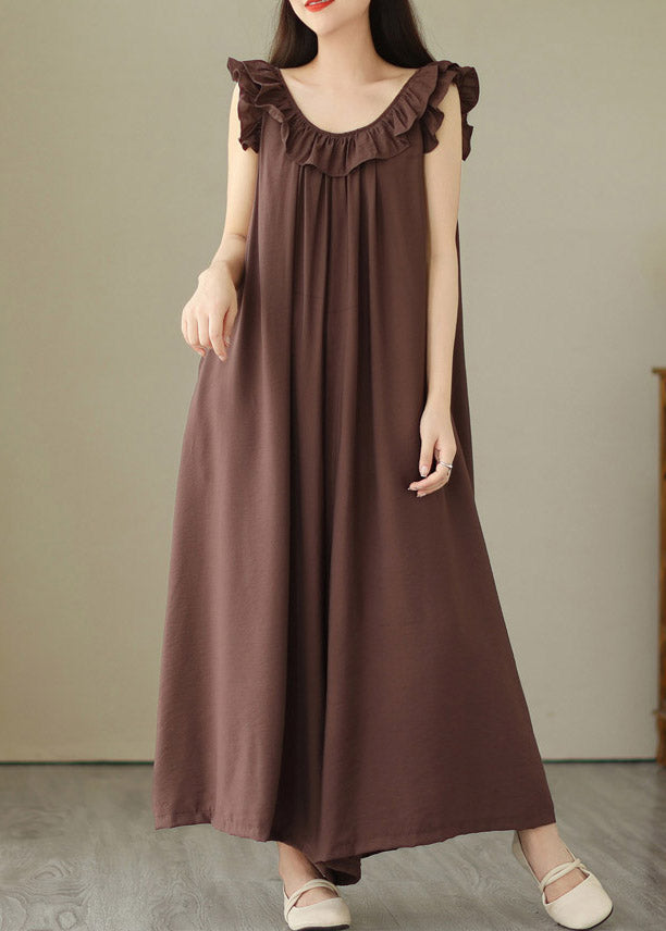 Casual Coffee O-Neck Ruffled Wide Leg Jumpsuit Summer