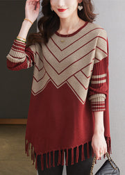 Casual Coffee O Neck Tassel Woolen Sweater Tops Spring