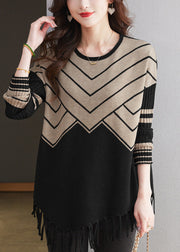 Casual Coffee O Neck Tassel Woolen Sweater Tops Spring