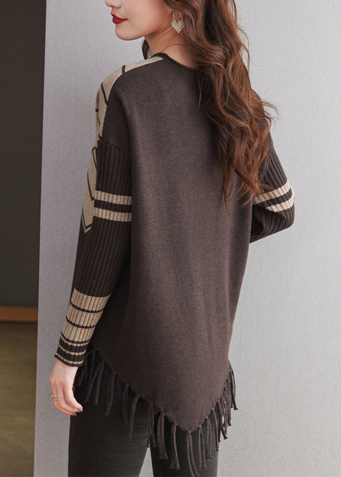 Casual Coffee O Neck Tassel Woolen Sweater Tops Spring