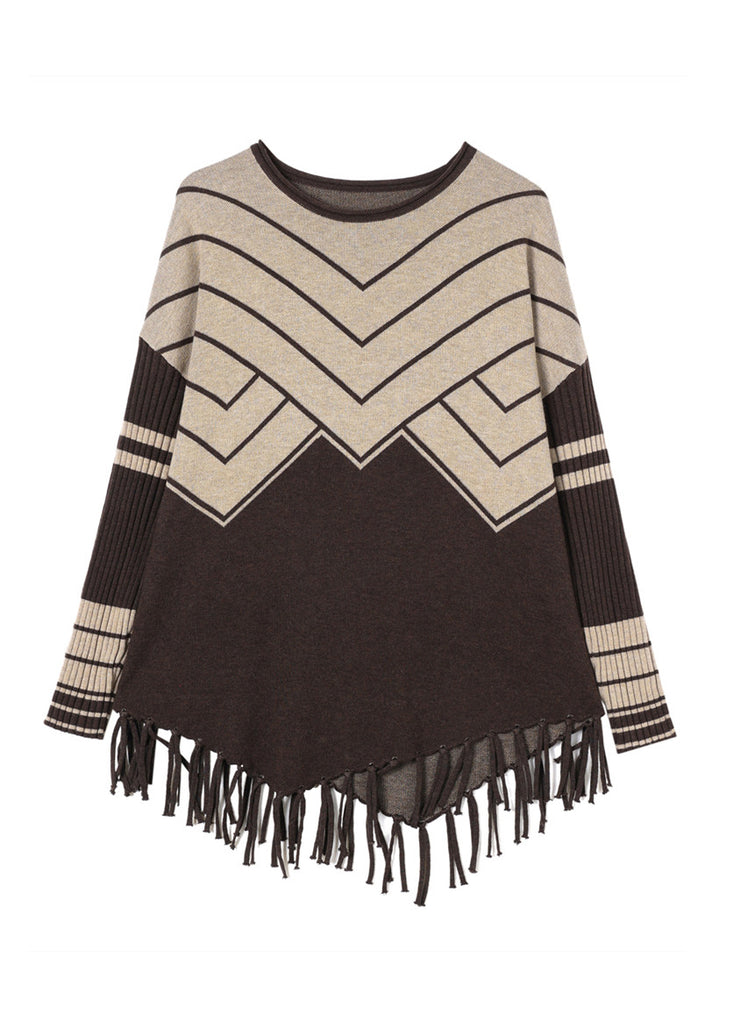 Casual Coffee O Neck Tassel Woolen Sweater Tops Spring