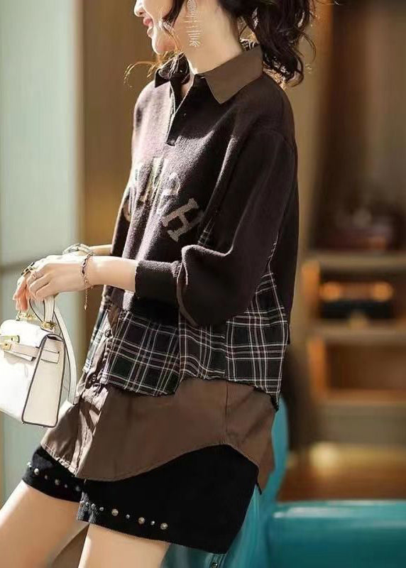 Casual Coffee Peter Pan Collar False Two Pieces Knit Shirts Top Fall