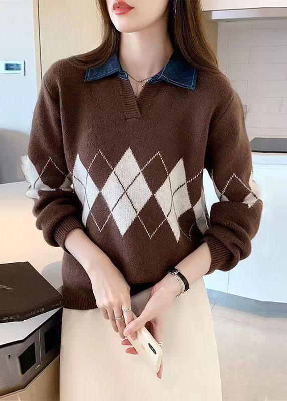 Casual Coffee Peter Pan Collar Geometric Patchwork Knit Blouses Fall