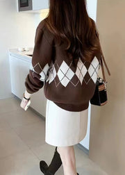 Casual Coffee Peter Pan Collar Geometric Patchwork Knit Blouses Fall