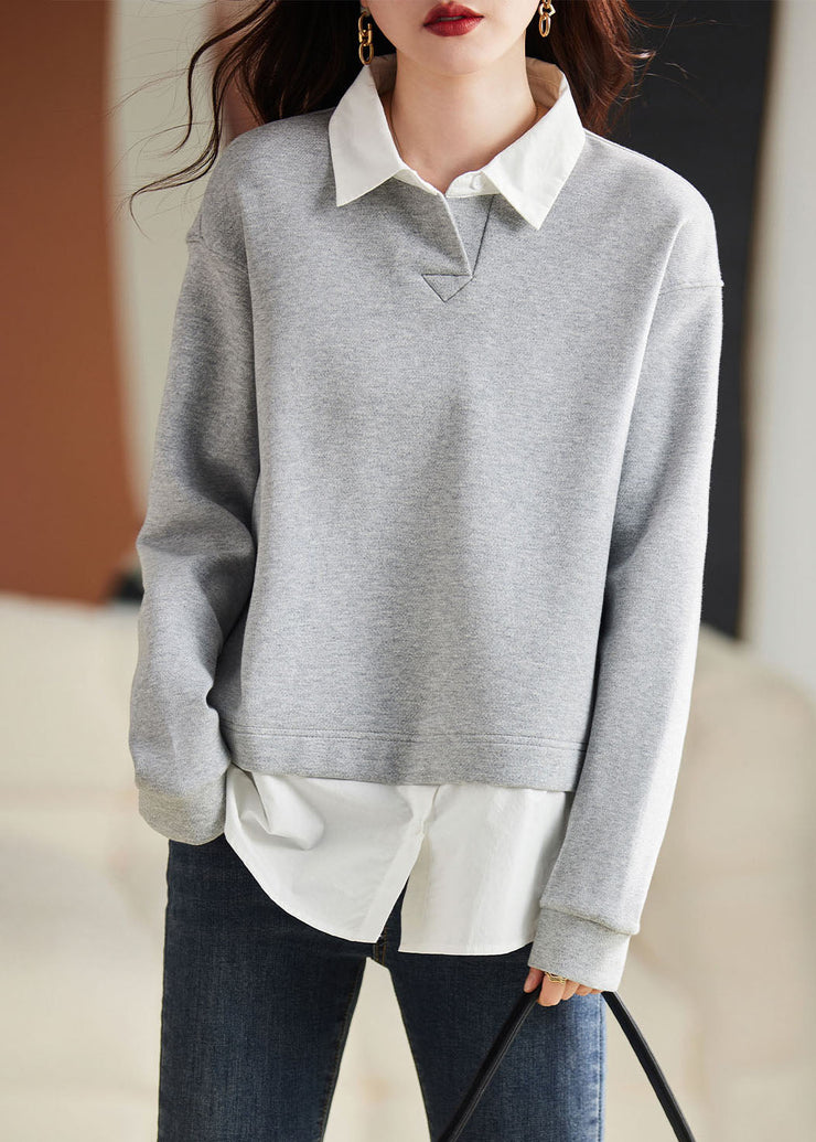 Casual Coffee Peter Pan Collar Patchwork Fake Two Pieces Pullover Long Sleeve