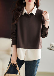 Casual Coffee Peter Pan Collar Patchwork Fake Two Pieces Pullover Long Sleeve