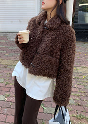 Casual Coffee Peter Pan Collar Pockets Faux Fur Jacket Spring