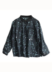 Casual Coffee Peter Pan Collar Print Patchwork Linen Blouse Tops Long Sleeve