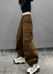 Casual Coffee Pocket Cinched Elastic Waist Pants Autumn