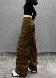 Casual Coffee Pocket Cinched Elastic Waist Pants Autumn