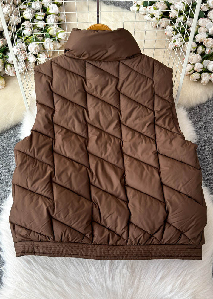 Casual Coffee Stand Collar Pockets Patchwork Parka Waistcoat Winter