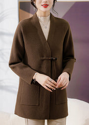 Casual Coffee V Neck Pockets Woolen Coats Spring