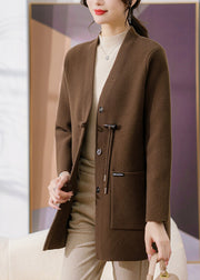 Casual Coffee V Neck Pockets Woolen Coats Spring