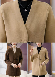 Casual Coffee V Neck Pockets Woolen Coats Spring