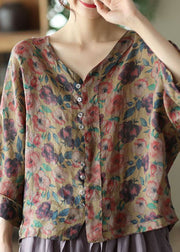 Casual Coffee V Neck Print Linen Shirt Tops Summer