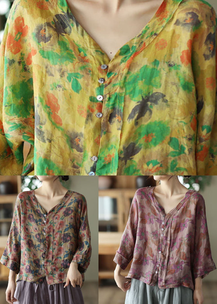 Casual Coffee V Neck Print Linen Shirt Tops Summer