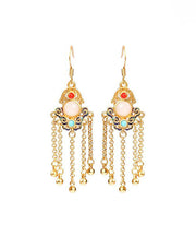 Casual Colorblock Ancient Gold Jade Turquoise Tassel Drop Earrings