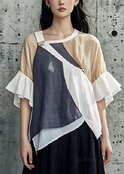 Casual Colorblock Asymmetrical Patchwork Cotton Shirt Tops Summer